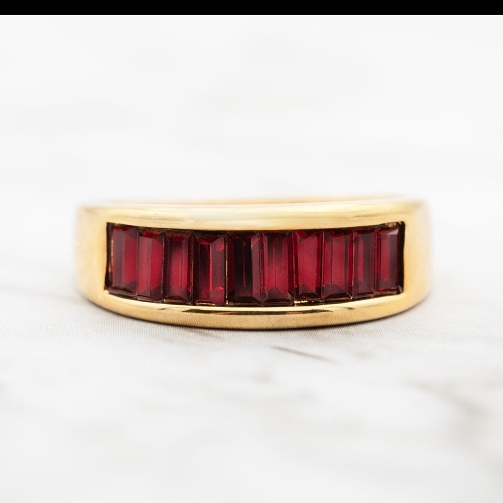 Vintage 18k Gold Plated Ruby Baguette Ring - 1970s
